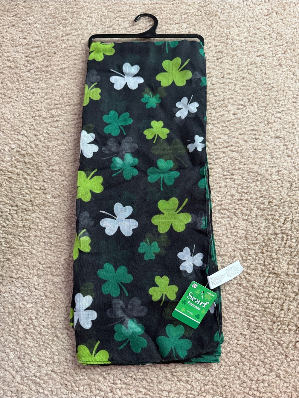 Amscan Black Scarf with Green and White Shamrock Print